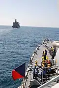 Sailors on board Babur prepare for an underway replenishment with the US Military Sealift Command vessel, USNS&nbsp;John Lenthall in the Arabian Sea in 2007.