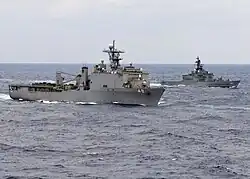 Haruna and USS&nbsp;Harpers Ferry underway on 19 November 2008