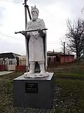 Monument to Konashevych-Sahaidachny in Manhush; unveiled in October 2017 at the initiative of the far-right political party National Corps and the Azov Regiment.[78][79] The monument was dismantled on 7 May 2022 by Russian occupation authorities during the 2022 Russian invasion of Ukraine who claimed that the monument would be redeployed to an unmentioned museum.[79]