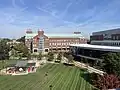 Shumaker Research Building and Belknap Academic Building as seen from Lutz Hall
