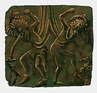 Image 55A illustration of the Upper Bluff Lake Dancing Figures repoussé copper plate, an artifact of the Mississippian culture found at the Saddle Site in Union County, Illinois. Image credit: H. Rowe (from Portal:Illinois/Selected picture)