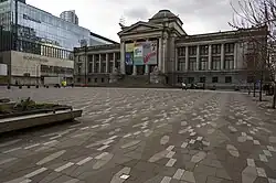Northeast facade of the Vancouver Art Gallery; normally a busy location, physical distancing has caused a sharp decrease in crowds.
