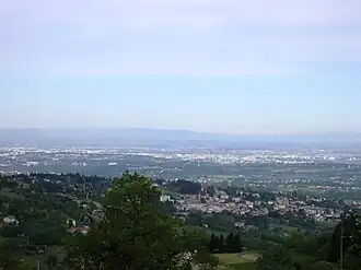 The view, from the hills of Vaugneray, of Lyon and Mont Blanc