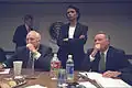 US Vice President Dick Cheney, with National Security Advisor Condoleezza Rice and Chief of Staff Scooter Libby in the Presidential Emergency Operations Center, 2001
