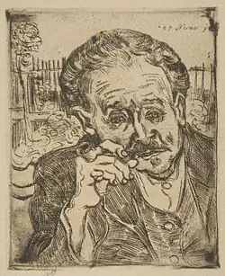 Vincent van Gogh, 1890, Man with a Pipe (Portrait of Dr. Paul Gachet), etching on wove paper, 18.4 × 14.9&nbsp;cm, Philadelphia Museum of Art