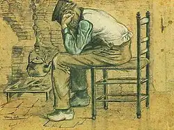 Peasant Sitting by the Fireplace ('Worn Out'), (F863, JH34), watercolor, 1881, P. and N. de Boer Foundation, Amsterdam[31]