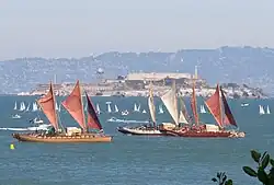 Voyaging canoes (left to right) - Marumaru Atua, Hine Moana, and Haunui - arriving in San Francisco in the Te Mana o Te Moana expedition (2011)
