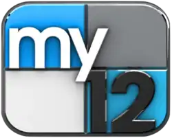 A rounded rectangle divided into blue and gray parts with the word "my" in white and a black "12" in the lower right