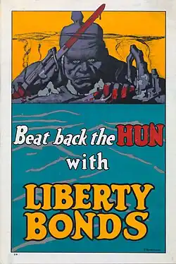 American wartime propaganda depicted the bloodthirsty German "Hun" soldier as an enemy of civilization, with his eyes on America from across the Atlantic.