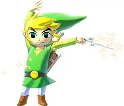 A cartoon version of Link wearing a green tunic and cap and holding a magical baton