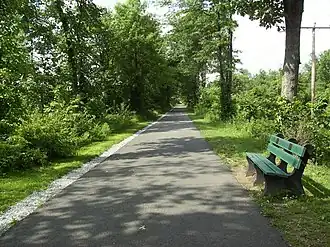 The rail trail, with grass on either side. A green park bench is to the right of the trail and various trees are in the distance.