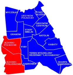 Map of the district of Ursynów, with the location of the City Information System areas of Jeziorki Północne and Jeziorki Południowe, which encompass the neighbourhood of Jeziorki.