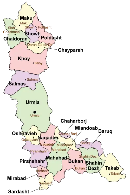 Location of Poldasht County in West Azerbaijan province (top, pink)