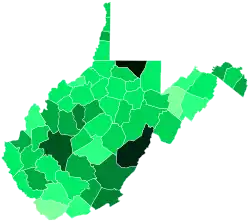 Support for Pritt by county: &nbsp;&nbsp;>11% &nbsp;&nbsp;10–11% &nbsp;&nbsp;8–9% &nbsp;&nbsp;7–8% &nbsp;&nbsp;6–7% &nbsp;&nbsp;5–6% &nbsp;&nbsp;4–5% &nbsp;&nbsp;3–4% &nbsp;&nbsp;<3%