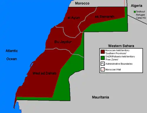 Image 14Image showing Western Sahara divided between the Moroccan-held area (in red) and the SADR-held area (in green). (from Western Sahara)