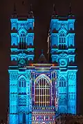 Coloured light projected onto Westminster Abbey for Lumiere