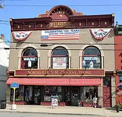 The Willard Bros. Block (1914, NHD) houses the Northville 5-10-25 Cent Store, which claims to be the oldest five-and-dime in the U.S.