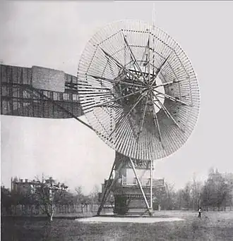Image 34The first automatically operated wind turbine, built in Cleveland in 1887 by Charles F. Brush. It was 60 feet (18 m) tall, weighed 4 tons (3.6 metric tonnes) and powered a 12 kW generator. (from Wind turbine)