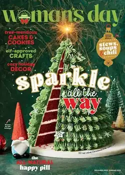 Cover of Woman's Day magazine showing text sparkle all the way on the front of a 3D red velvet christmas tree cake