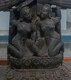 Wooden figurines depicting Jitamitra Malla's mother Padmavati and his step-mother Chandravati, c. 1670.[9]