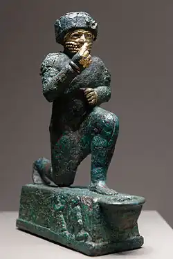 "The Worshipper of Larsa", a votive statuette dedicated to the god Amurru for Hammurabi's life; circa 1760 BC; bronze and gold; 19 x 15&nbsp;cm; Louvre