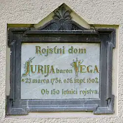 Plaque on the house where Jurij Vega was born