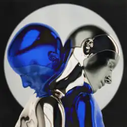 A blue robot and a silver robot leaning their heads on each other's shoulders