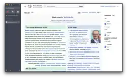 Screenshot of Zen Browser showing a typical window setup with tab menu on the left side, navigation menu, address bar, extension menu, and hamburger menu on the top bar, the main window below it showing the main page of English Wikipedia as of 1 March 2025