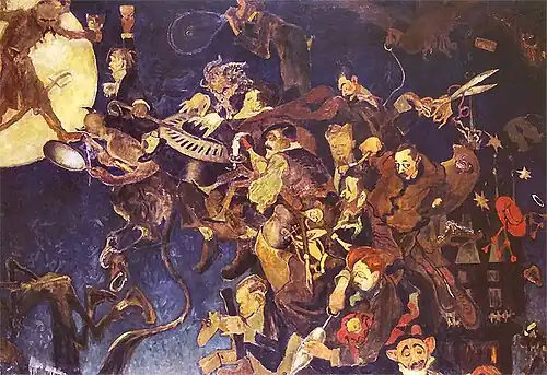 Caricature: At the Green Balloon; 1908, oil on canvas, 147 × 204&nbsp;cm, Adam Mickiewicz Museum of Literature, Warsaw.