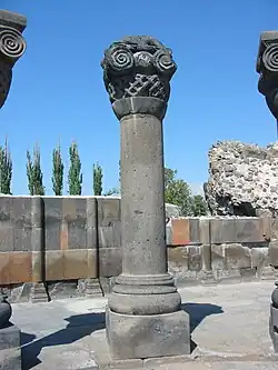One of the columns in the church ruins