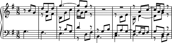 \new PianoStaff <<
\new Staff <<
\new Voice \relative c'' {
\key g \major \time 3/8
r8 b g |
\voiceOne d'8 a d |
g4.~ |
g8 fis r |
\oneVoice R1*3/8 |
\voiceOne R1*3/8 |
r8 a, c~ |
c16 a b8 r |
}
\new Voice \relative c' {
\voiceTwo
s4. |
r8 d fis |
b,8 g' c |
b16 g a8 r |
s4. |
r8 c, e |
a,8 d4~ |
d8 g r |
}
>>
\new Staff <<
\new Voice \relative c' {
\clef bass \key g \major \voiceOne
s4. |
s4. |
r8 b g |
d'4 r8 |
r8 g, b |
e,8 a g~ |
g8 fis16 e fis8 |
g8 d r |
}
\new Voice \relative c' {
\voiceTwo
g4. |
fis4. |
e4. |
r8 d fis |
b,4. |
c4. |
d4. |
r8 b d |
}
>>
>>