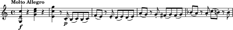 
\relative c'' { \set Staff.midiInstrument = #"string ensemble 1"
  \key c \major
  \tempo "Molto Allegro" \set Score.tempoHideNote = ##t \tempo 4=144
  <c e, g,>\f r <e c g> r <g c, e,> r8 c,,-.\p b (c) b (c) f (e) r e-. d (e) d (e) a (g) r g-. fis (g) fis (g) bes (a) r a-. c (b) r b-.
}
