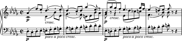 
\relative c'' {
  \new PianoStaff <<
    \new Staff <<
      \new Voice {
        \stemUp \set Staff.midiInstrument = #"piano" \key des \major \clef treble \time 2/2 \set Score.tempoHideNote = ##t \tempo 4 = 88
        as4 ^( f'8 ) es8 -! des4. _\markup { \italic {cresc.} } ^( es8 ) |
        des4 ^( c8 ) -! des8 -! as'4 ^( es8 ) r8 |
        bes8 ^( as'8 _\markup { \italic {cresc.} } ges8 ) -! f8 -! es4. ges16 f16 |
        es4 ^( d8 ) -! es8 f8 -! r8 r4 |
      }
      \new Voice {
        \stemDown
        r2 \p des,4 _( bes'8 ) -! es,8 -! |
        ges4. _( f8 ) d8 _( es8 bes'8 as8 ) |
        ges8 \p r8 r4 es8 _( des'8 ces8 ) c8 |
        f,4. _( bes8 ) bes8 s4 s8 |
      }
    >>
    \new Staff {
      \set Staff.midiInstrument = #"piano" \key des \major \clef bass \time 2/2
      des,,8 \p -. c8 -. des8 -. es8 -. e8  _\markup { \italic { poco a poco cresc. } } -. f8 -. ges8 -. g8 -. |
      as8 -. g8 -. as8 -. bes8 -. b8 -. c8 -. des8 -. c8 -. |
      es,8 \p -. d8 -. es8 -. f8 -. ges8 _\markup { \italic { poco a poco cresc. } } -. g8 -. as8 -. a8 -. |
      bes8 -. a8 -. bes8 -. c8 -. d8 -. r8 r4 |
    }
  >>
}

