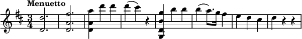 
\relative c'' { \set Score.tempoHideNote = ##t \tempo "Menuetto" 4=130 \key d \major \time 3/4
  <d d,>2. <fis a, d,> <a a, d,>4 d d d( cis) r
  <g b, d, g,> b b b( a8.) g16 fis4 e d cis d r r
}
