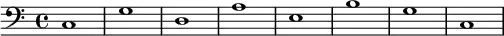 
   {
        \new Staff <<
            \new Voice \relative c' {
                \stemDown \clef bass \key c \major \time 4/4 \tempo 1 = 60 \set Score.tempoHideNote = ##t
                c,1 g' d a' e b' g c,
                }
            >>
     }
