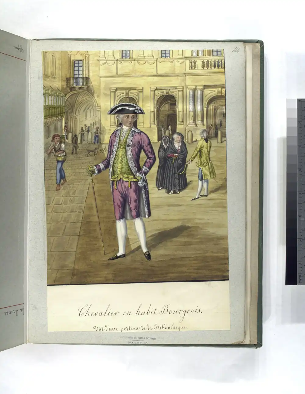 Detail from an 18th-century painting depicting a lady and a slave woman, both wearing the għonnella, in Piazza Tesoreria, Valletta