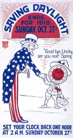 Poster: Saving daylight ends, for 1918, Sunday, Oct. 27th – "Good-bye, Uncle- see you next spring"