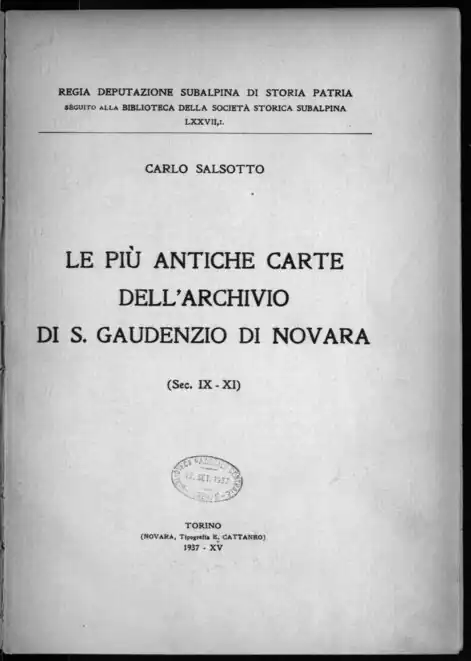 Top of the title page after the merger of the Subalpine Historical Society into the Regia Deputazione Subalpina di Storia Patria, from 1935