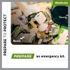 An emergency supply kit containing canned food, water, toilet paper, flashlight and more. Prepare to protect: prepare an emergency kit. #BeReady